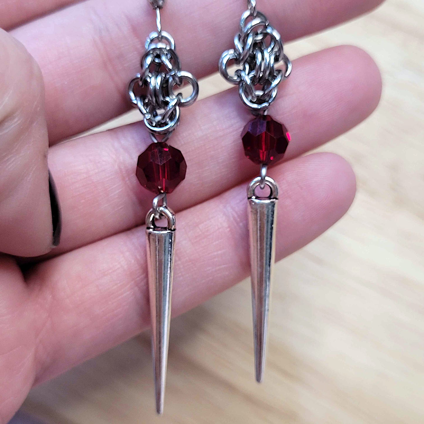 Byzantine flower and red bead spike earrings