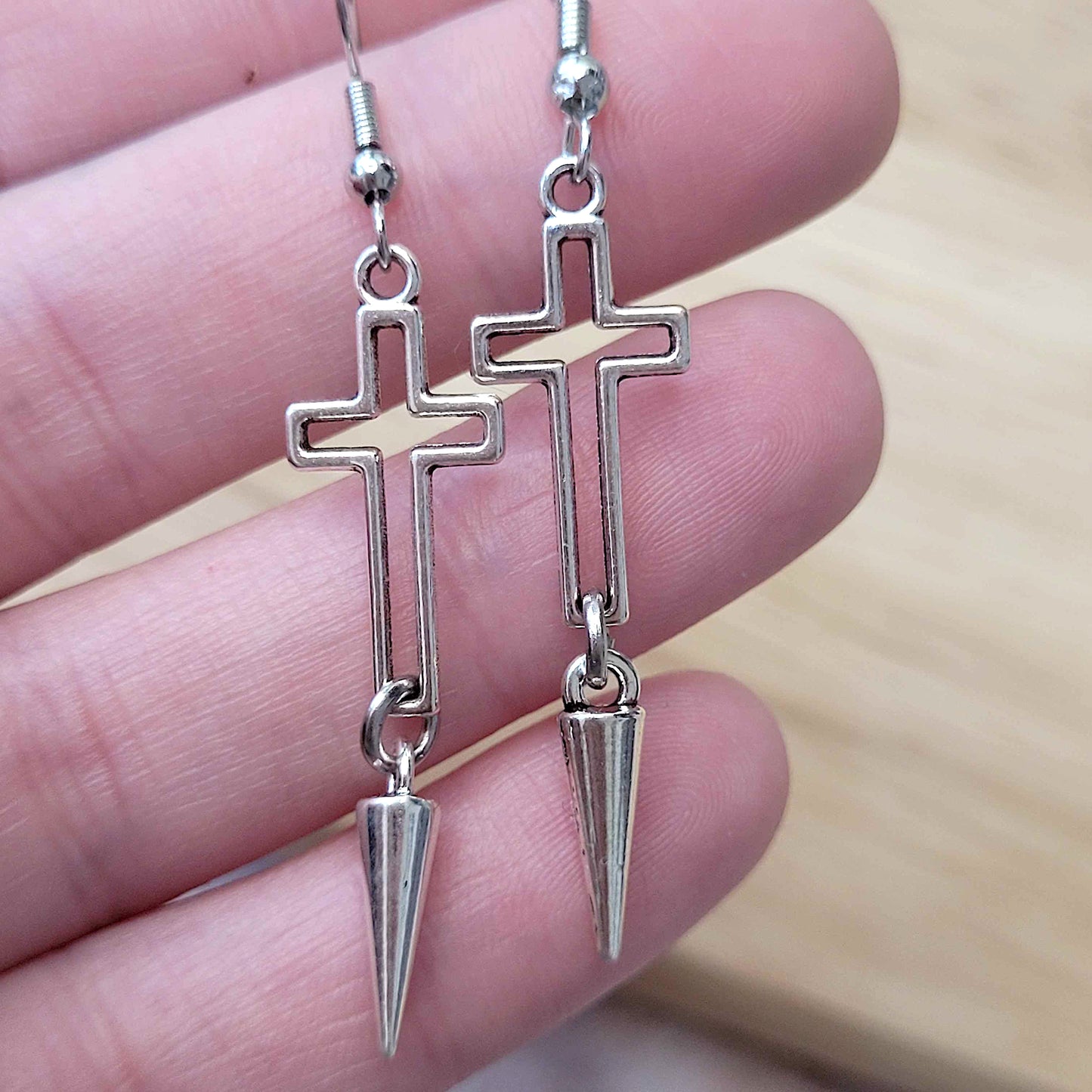 Gothic hollow cross and spike earrings