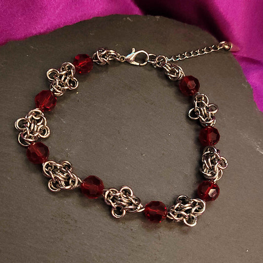 Byzantine flower bracelet with red glass beads