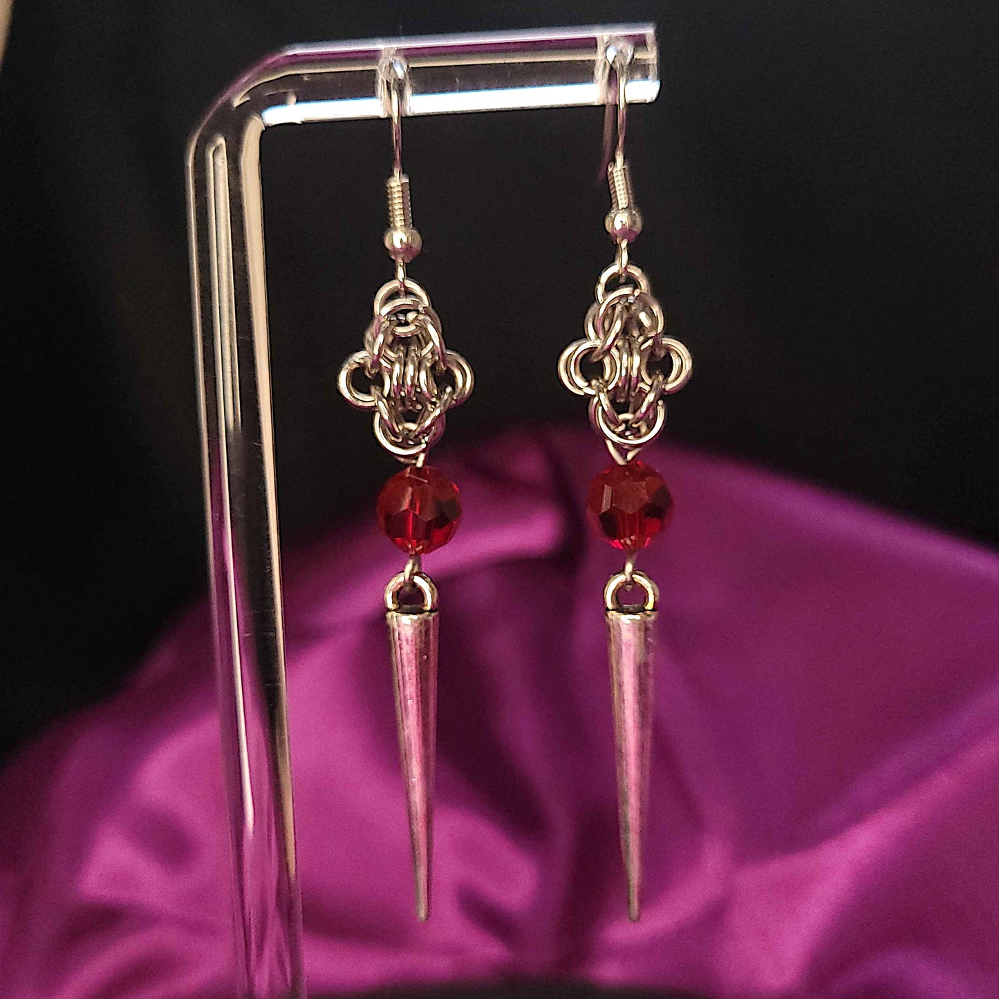 Byzantine flower and red bead spike earrings