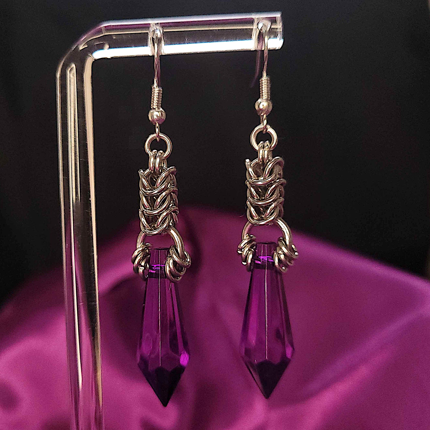 Purple crystal and box chain chainmaille earrings