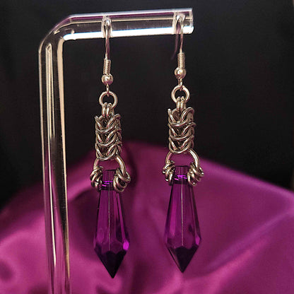 Purple crystal and box chain chainmaille earrings