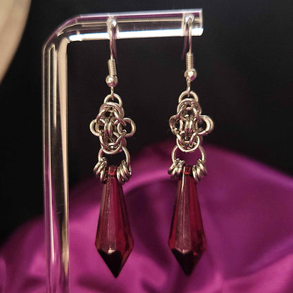 Fuscia crystal and byzantine flower chainmaille earrings