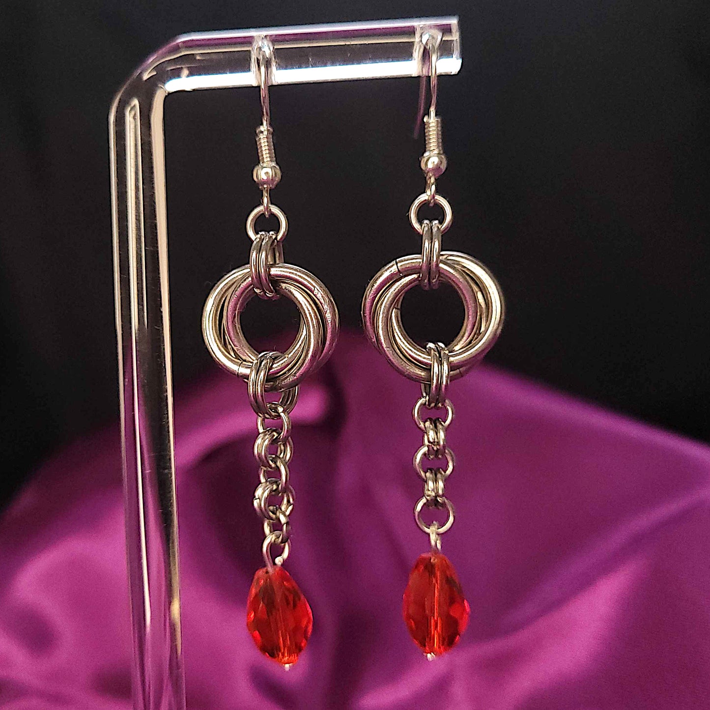 Large mobius and red teardrop chainmaille earrings