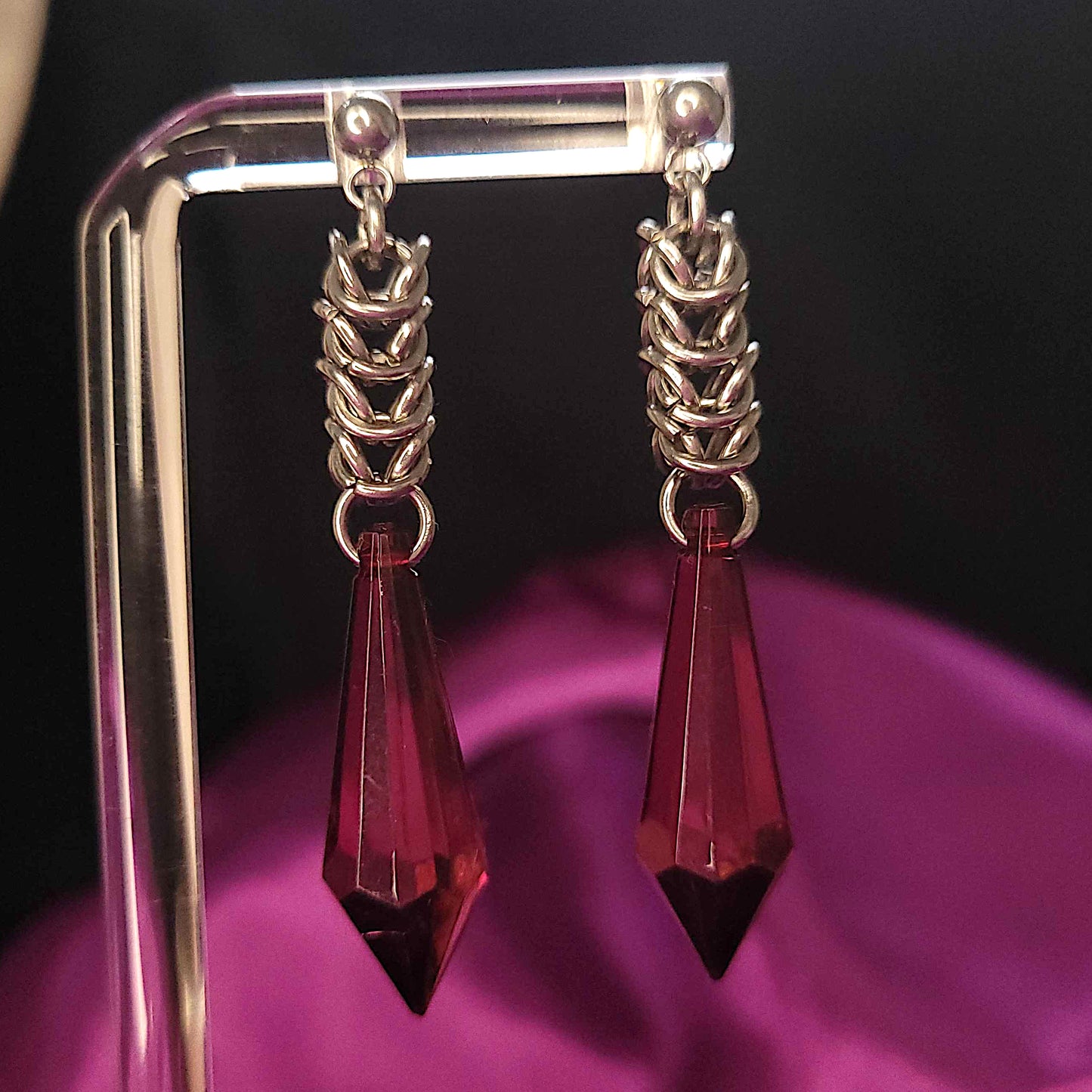 Fuscia crystal box chain stud chainmaille earrings