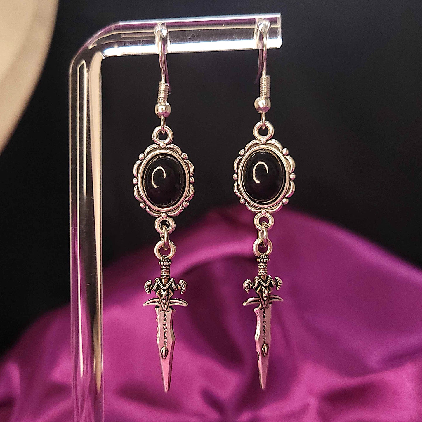 Gothic black cabochon and decorative dagger charm earrings