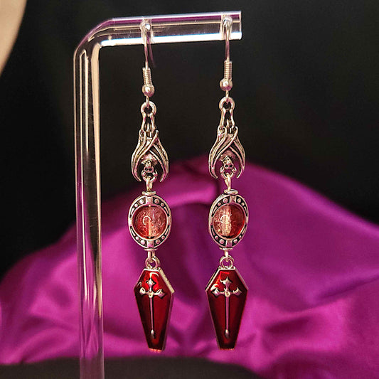 Vampire bat and coffin drop earrings