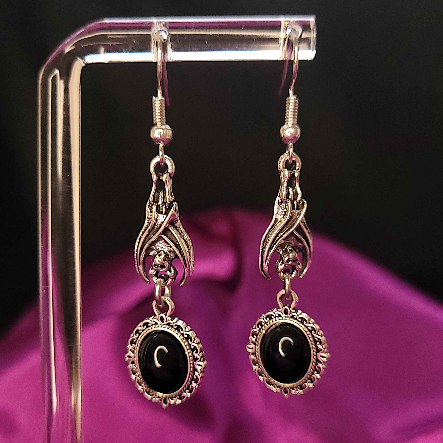 Gothic vampire bat and black cabochon earrings
