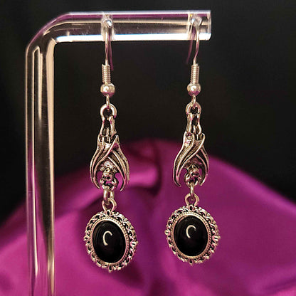 Gothic vampire bat and black cabochon earrings