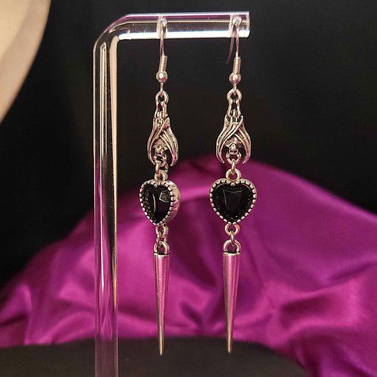 Vampire bat and faceted black heart spike earrings