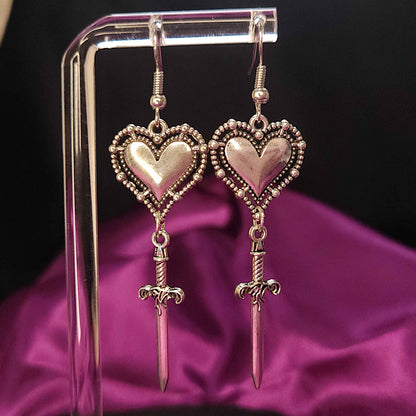 Gothic heart and dagger earrings