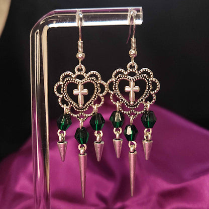 Gothic heart and cross earrings with green beads and spikes