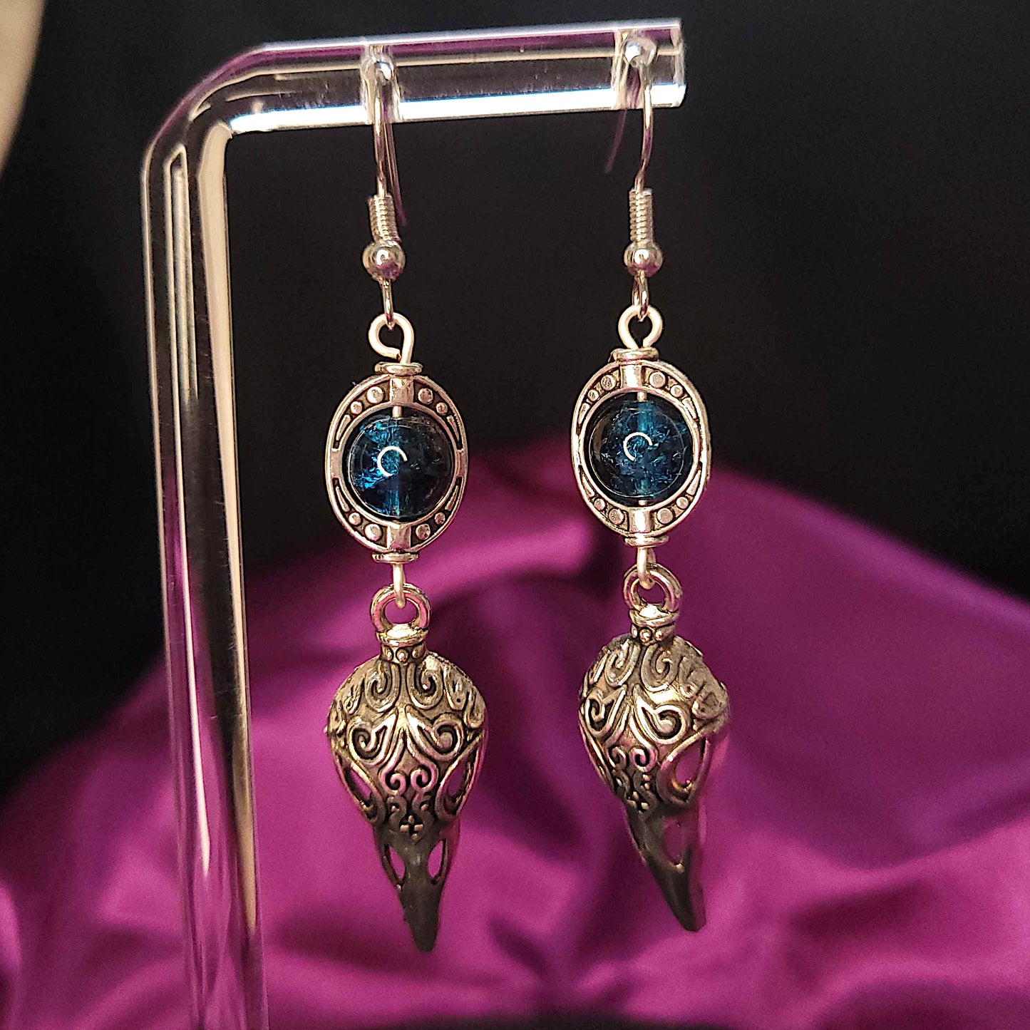 Gothic raven skull charm earrings with bead