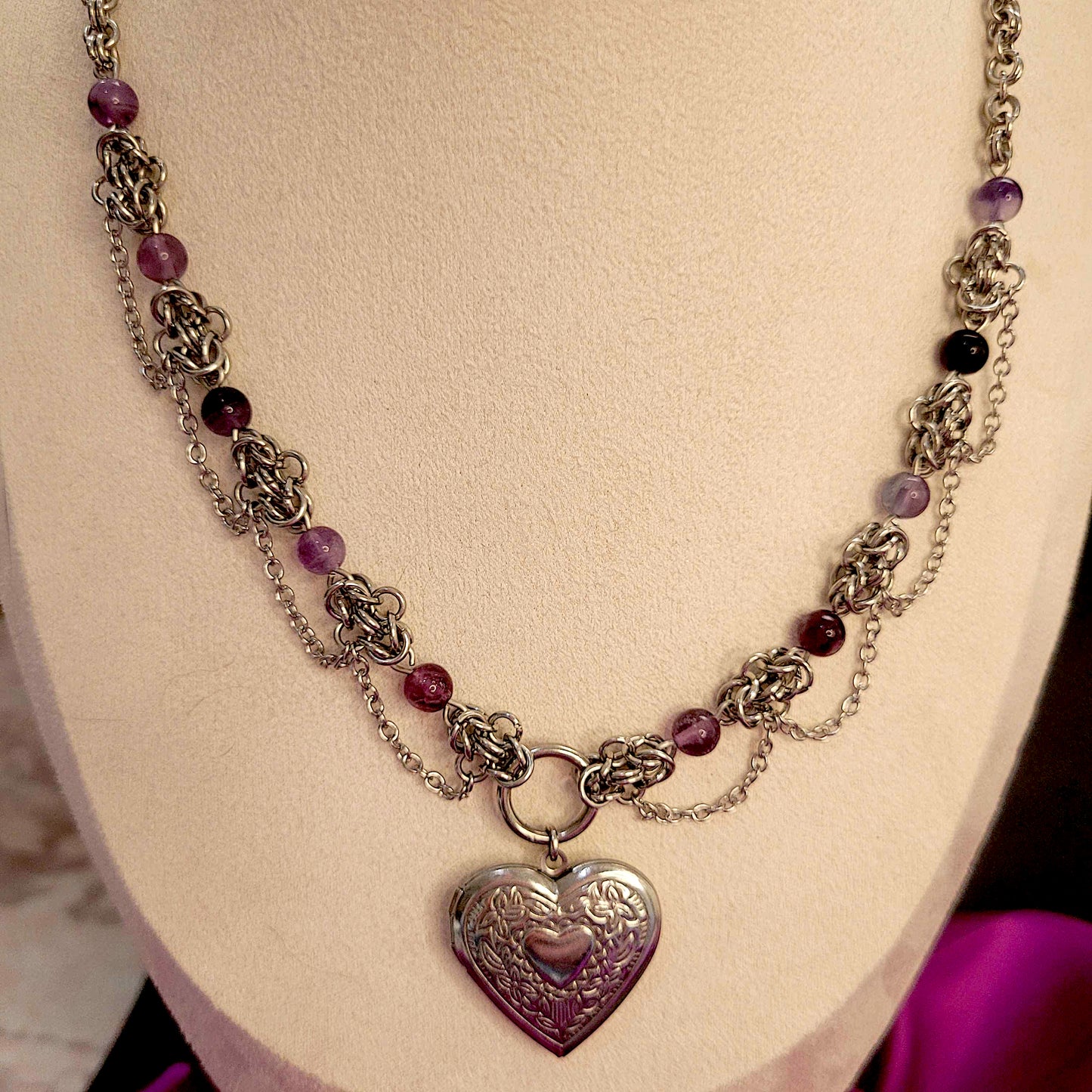 Amethyst and byzantine heart locket necklace
