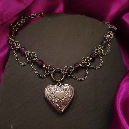 Amethyst and byzantine heart locket necklace