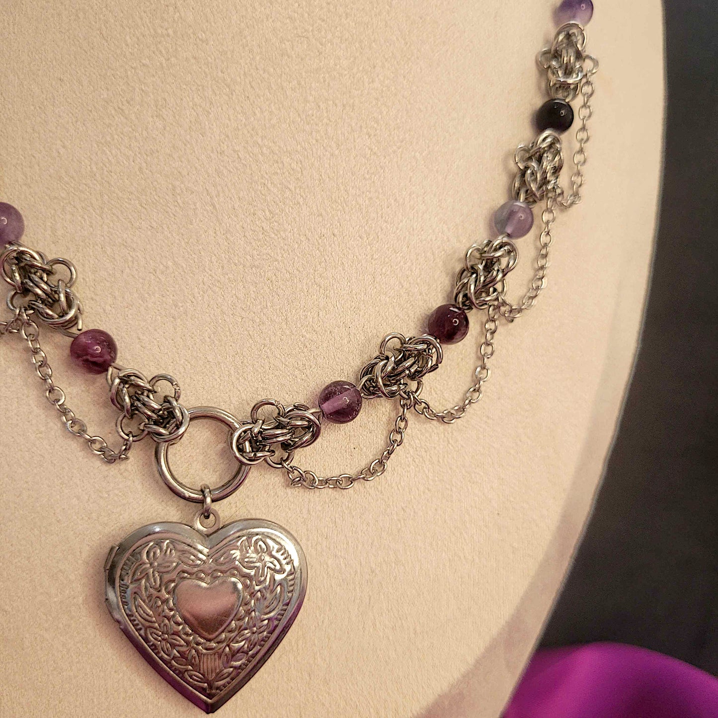 Amethyst and byzantine heart locket necklace