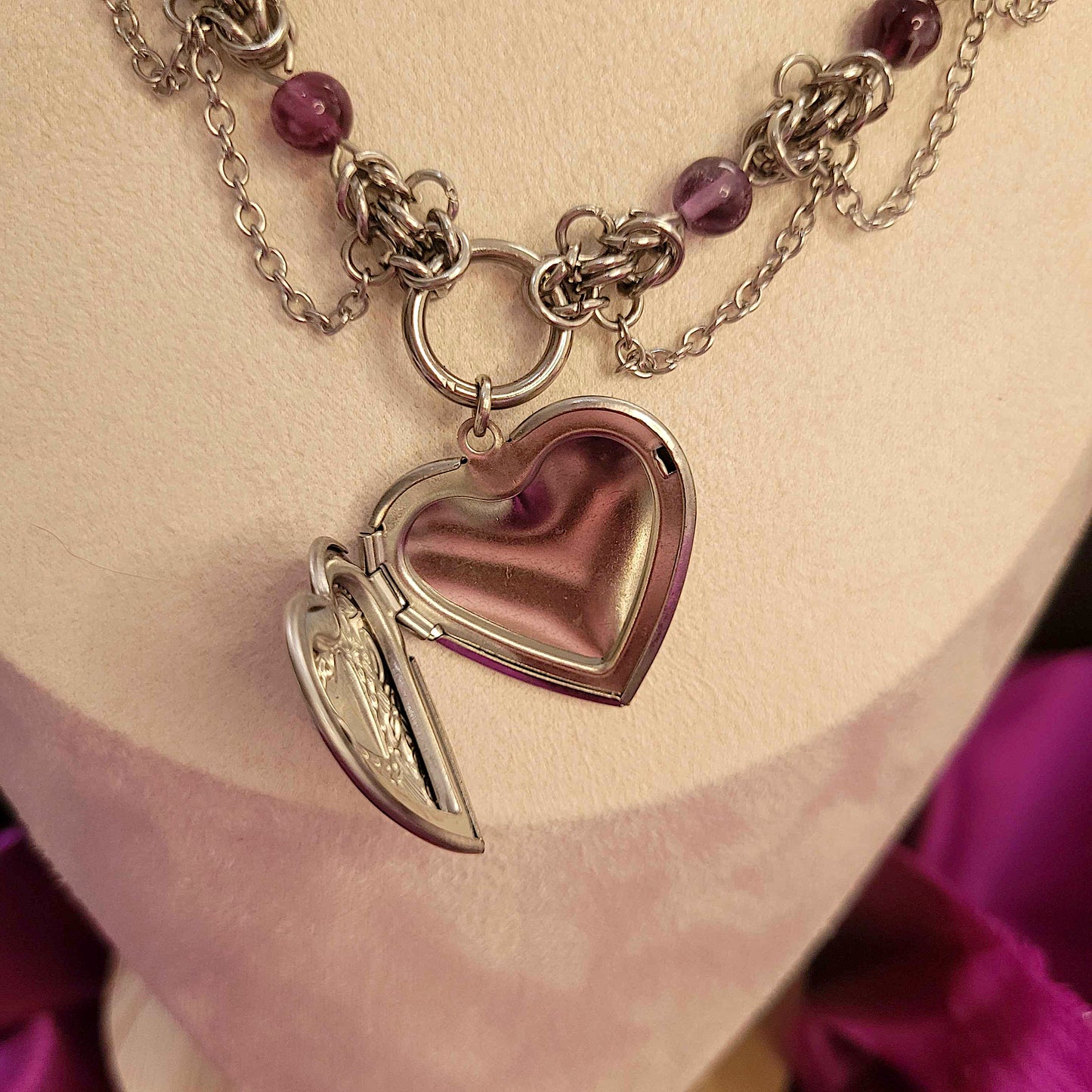 Amethyst and byzantine heart locket necklace