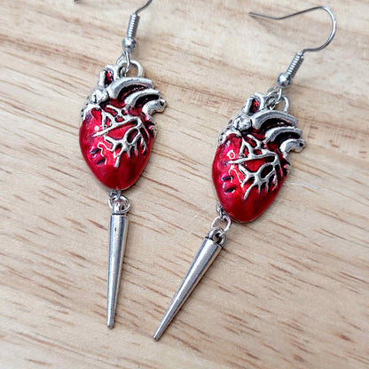 Gothic anotomical heart charm earrings with spike