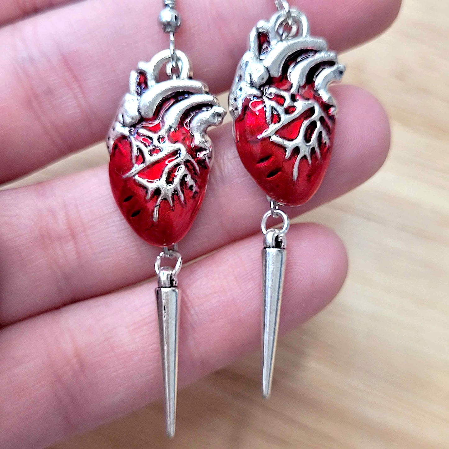 Gothic anotomical heart charm earrings with spike