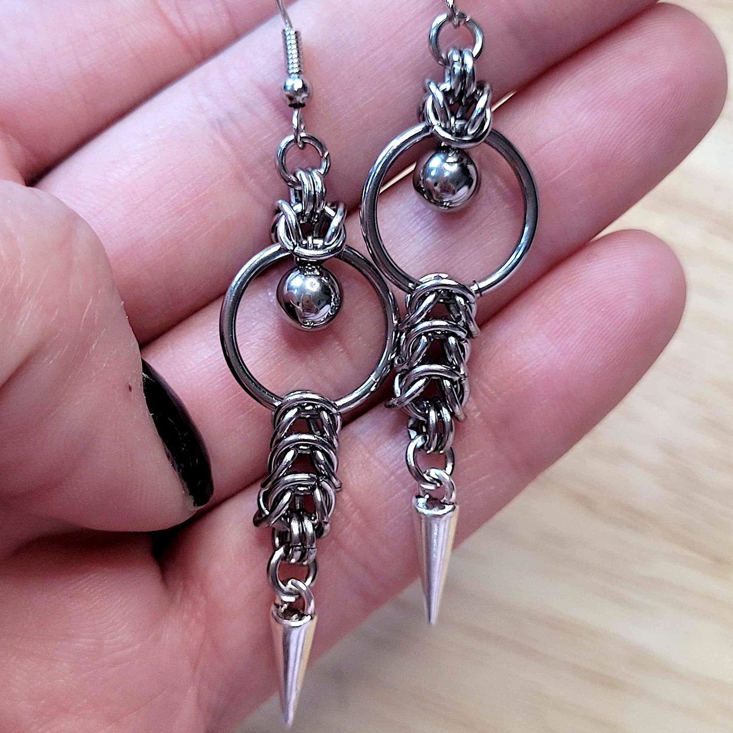 Box chain mid loop ball and small spike earrings