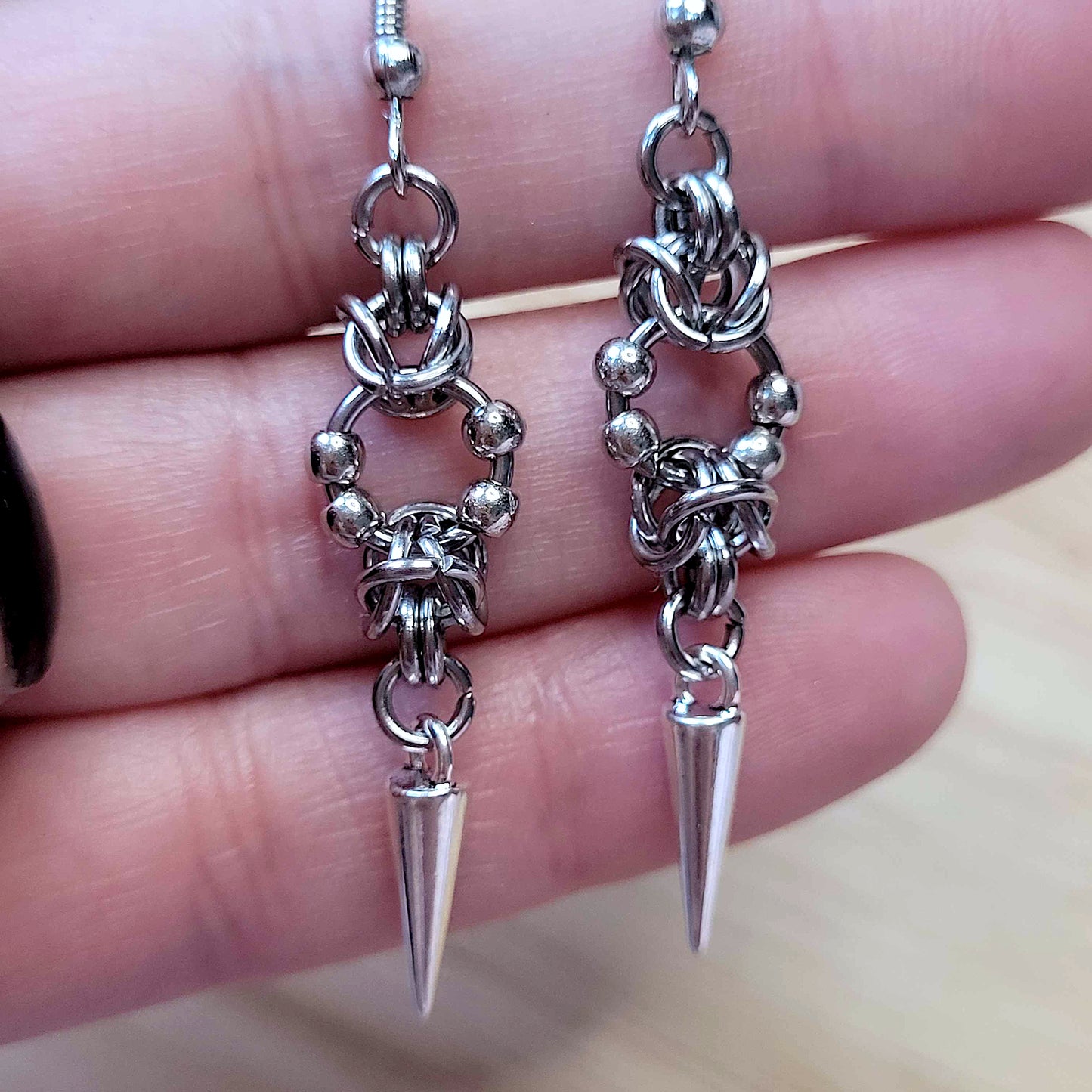 Mid loop beaded byzantine and spike earrings