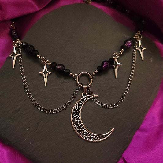 Purple aurora star and moon necklace