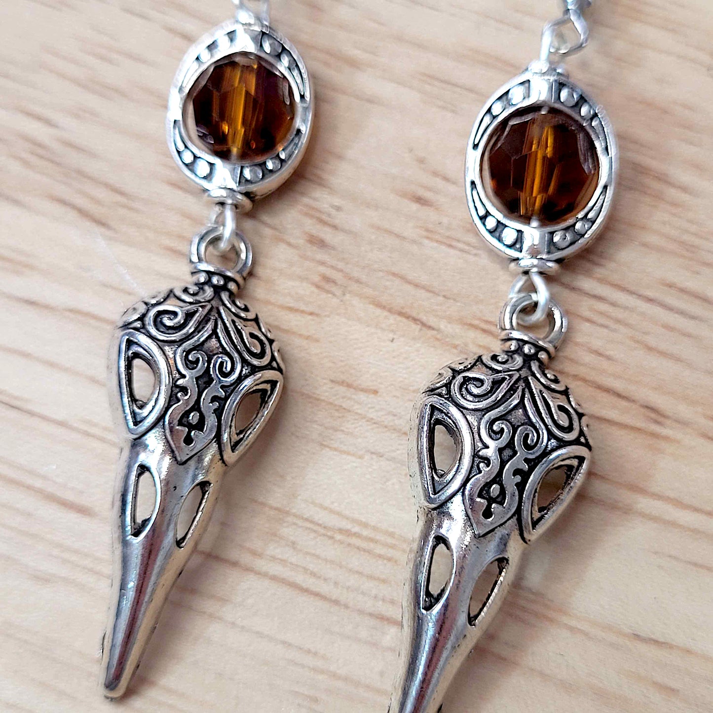 Gothic raven skull charm earrings with bead