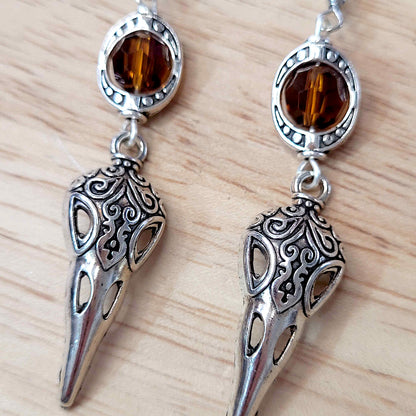 Gothic raven skull charm earrings with bead