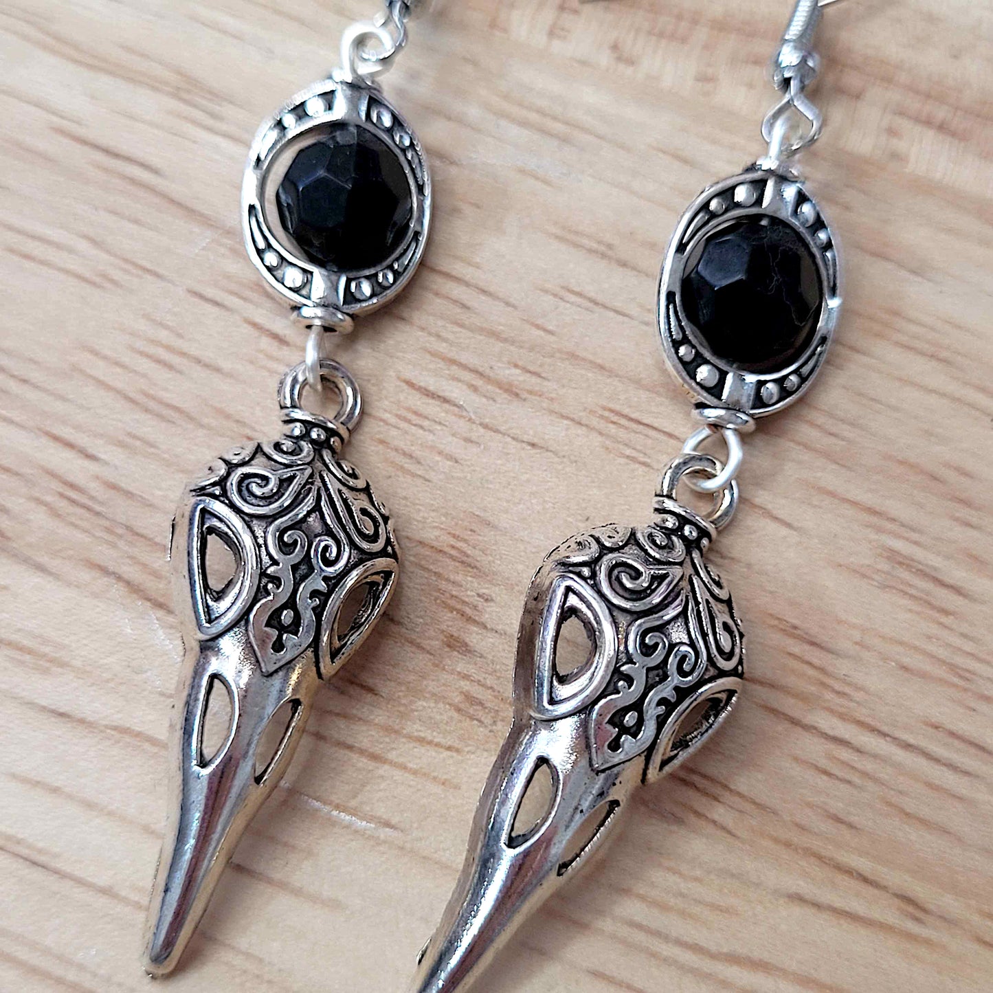 Gothic raven skull charm earrings with bead