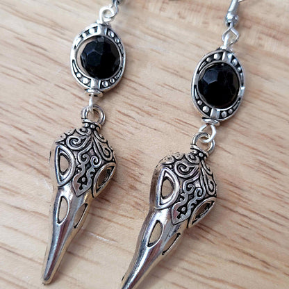 Gothic raven skull charm earrings with bead