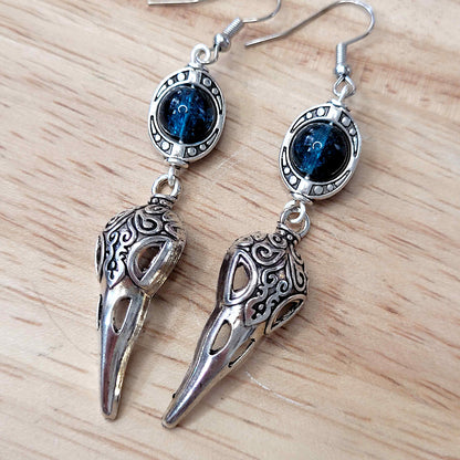 Gothic raven skull charm earrings with bead