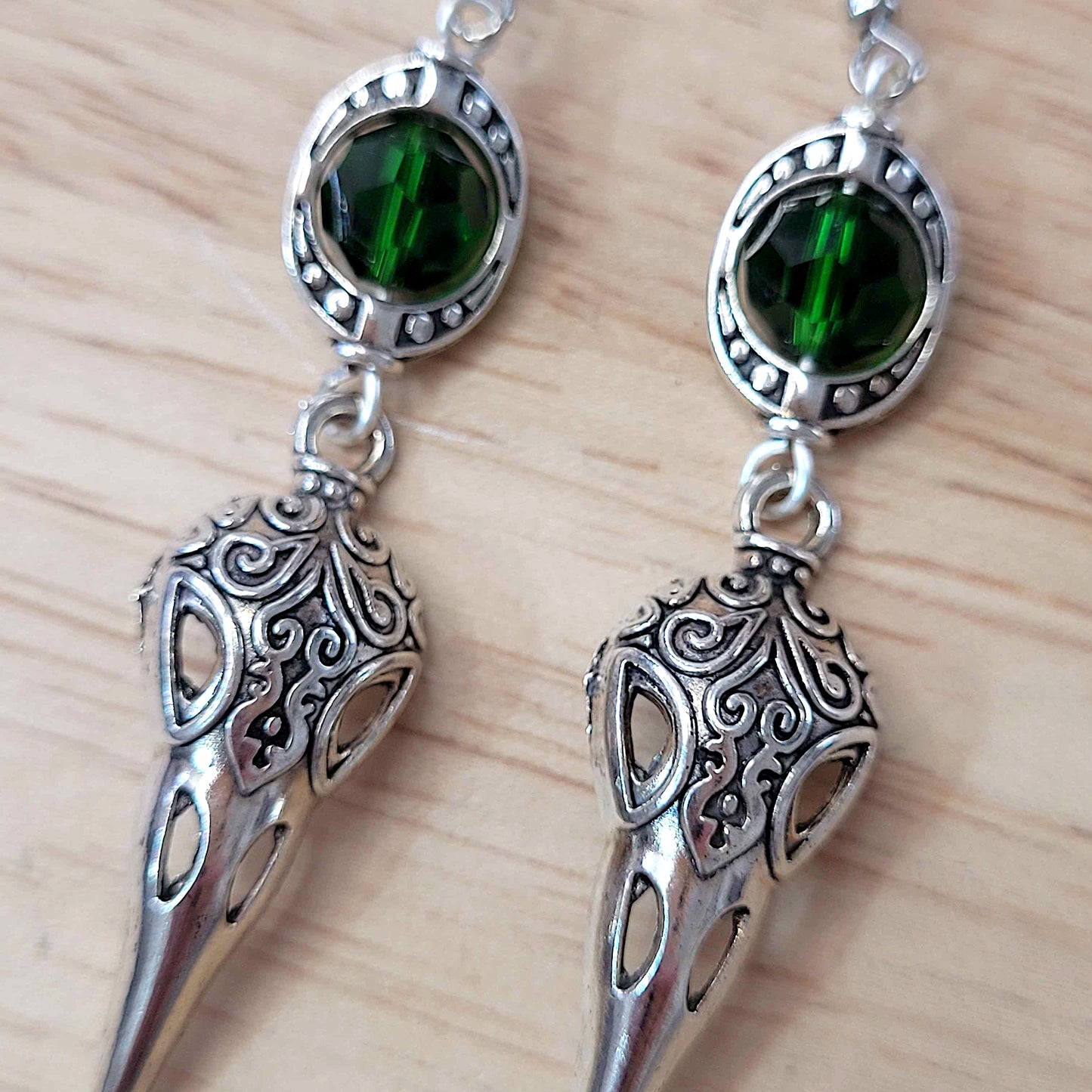 Gothic raven skull charm earrings with bead