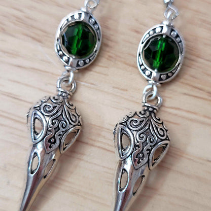 Gothic raven skull charm earrings with bead