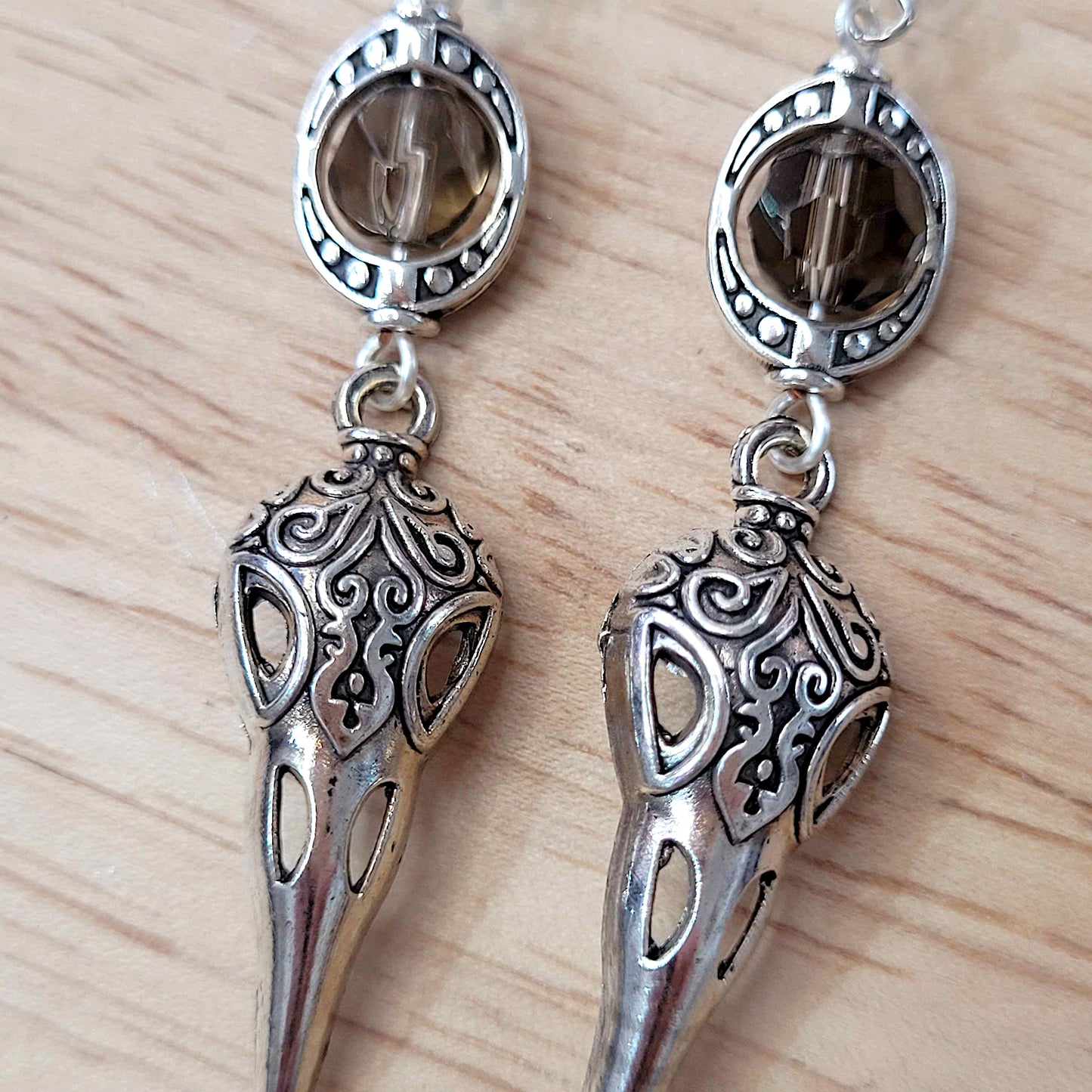 Gothic raven skull charm earrings with bead