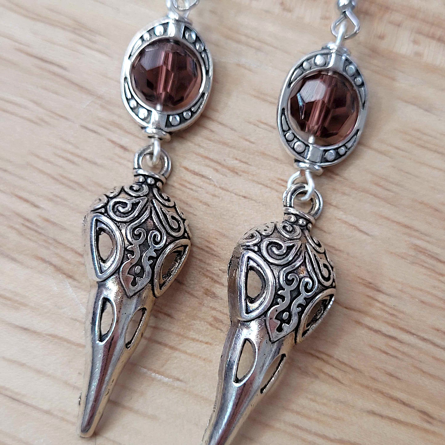 Gothic raven skull charm earrings with bead