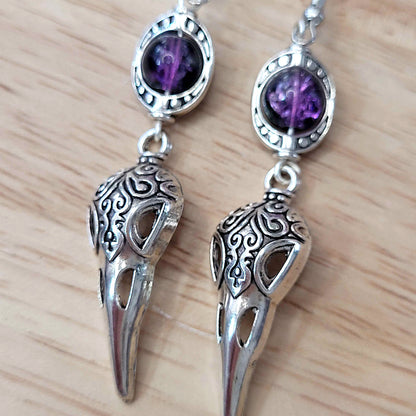 Gothic raven skull charm earrings with bead