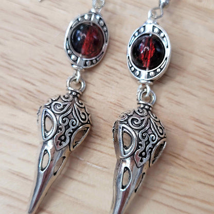 Gothic raven skull charm earrings with bead