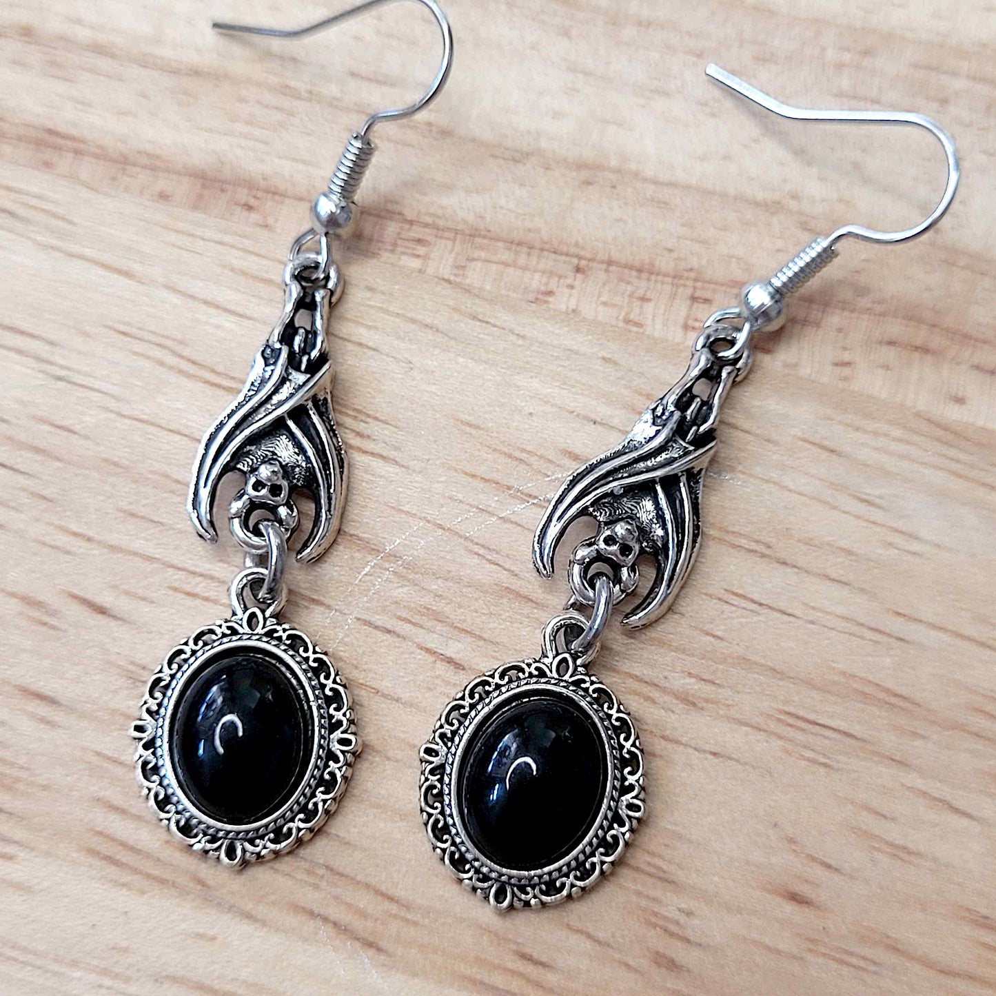 Gothic vampire bat and black cabochon earrings