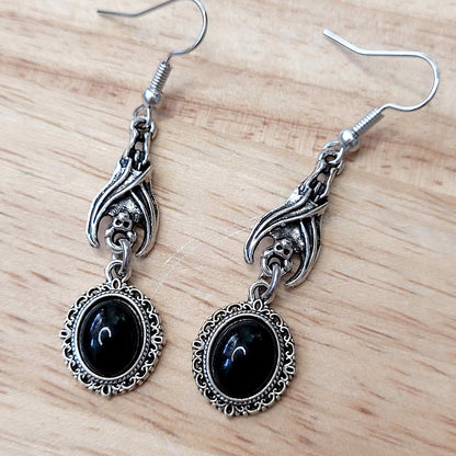 Gothic vampire bat and black cabochon earrings