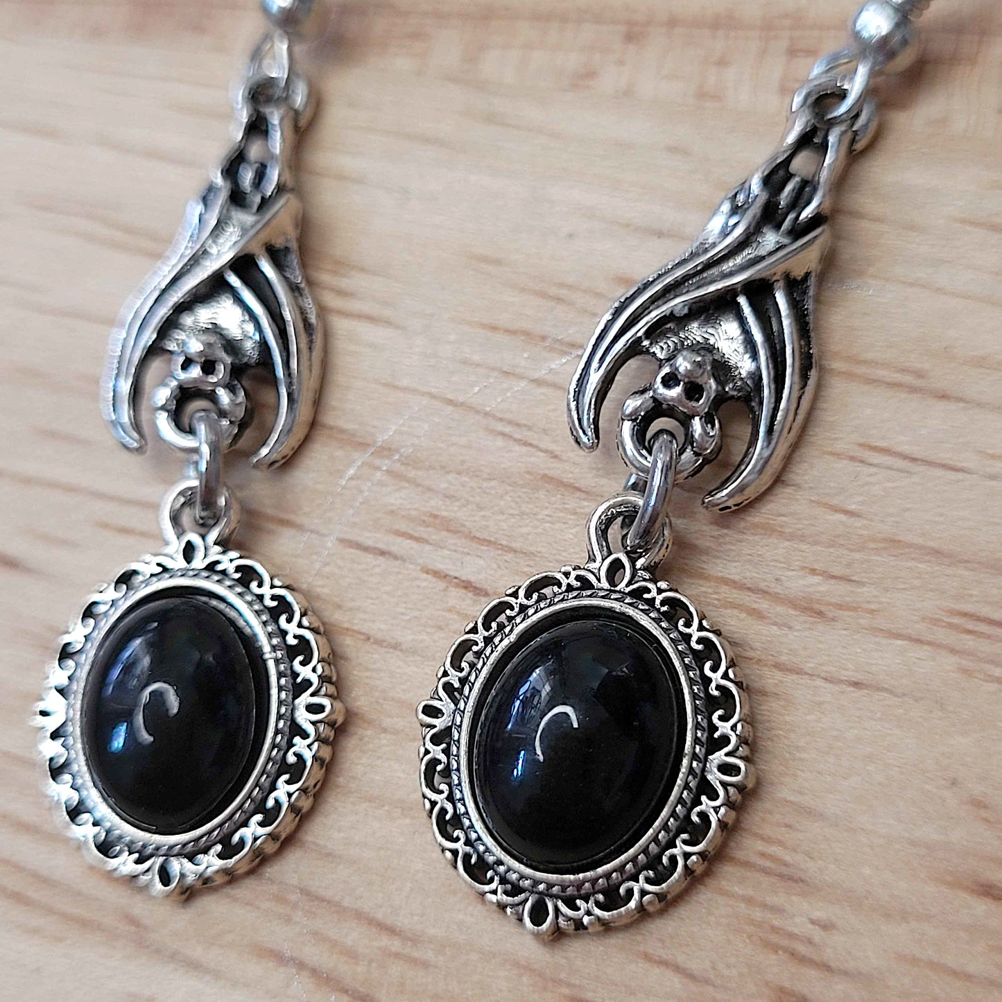 Gothic vampire bat and black cabochon earrings