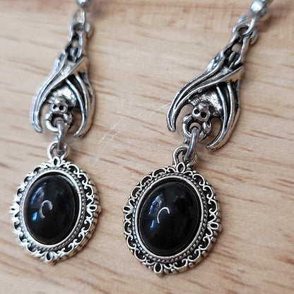 Gothic vampire bat and black cabochon earrings