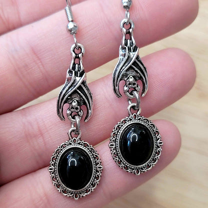 Gothic vampire bat and black cabochon earrings
