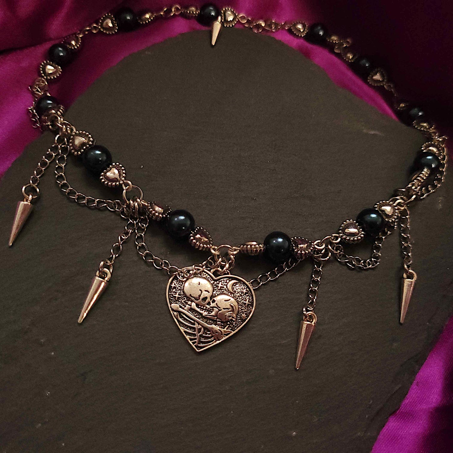 Dark valentine blue pearl and spike necklace