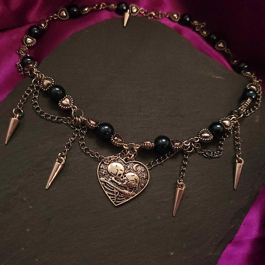 Dark valentine blue pearl and spike necklace