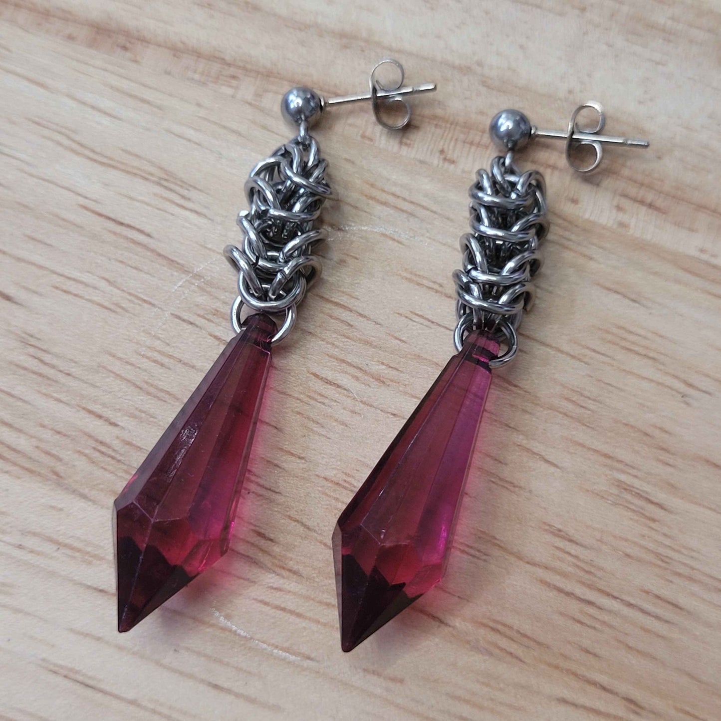 Fuscia crystal box chain stud chainmaille earrings