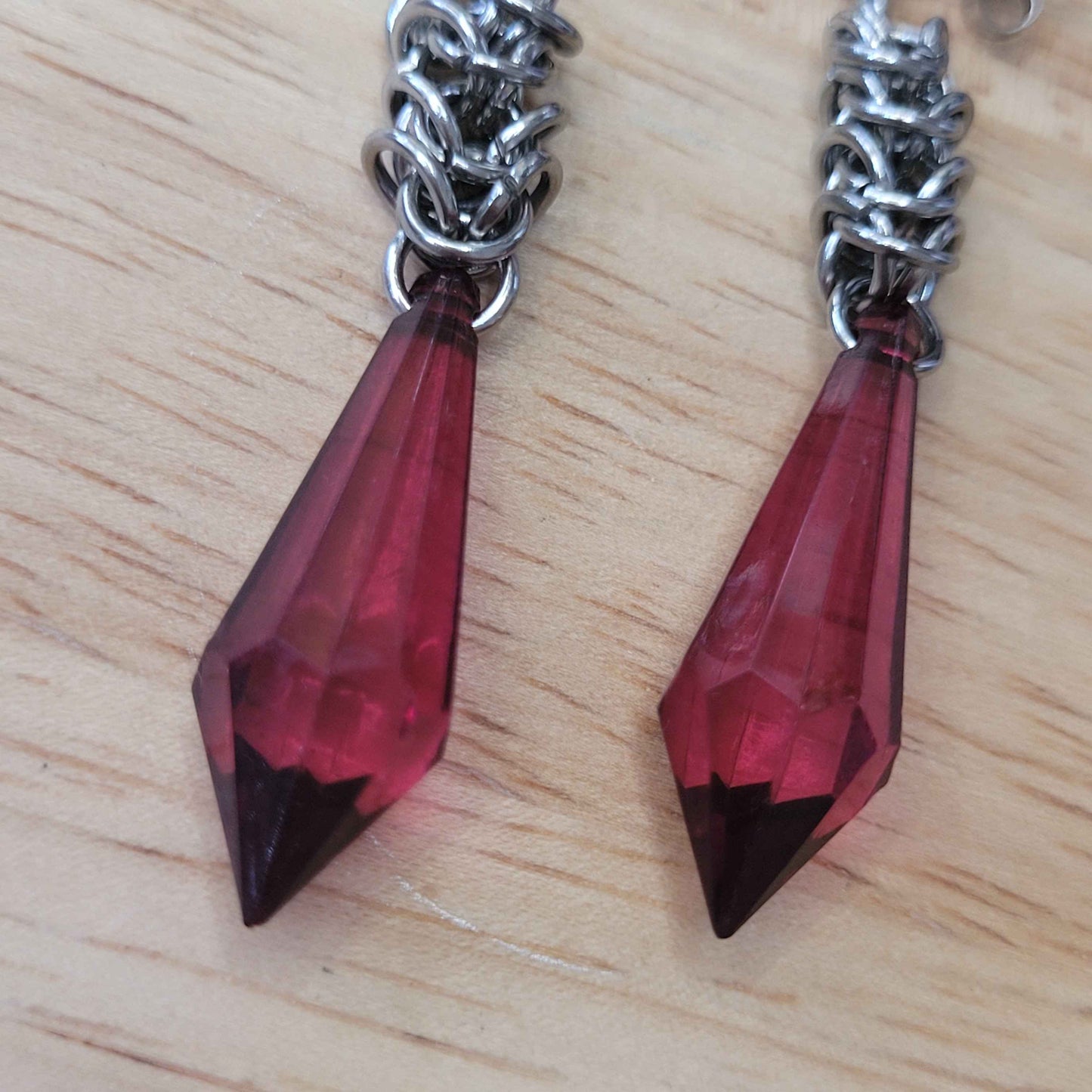 Fuscia crystal box chain stud chainmaille earrings