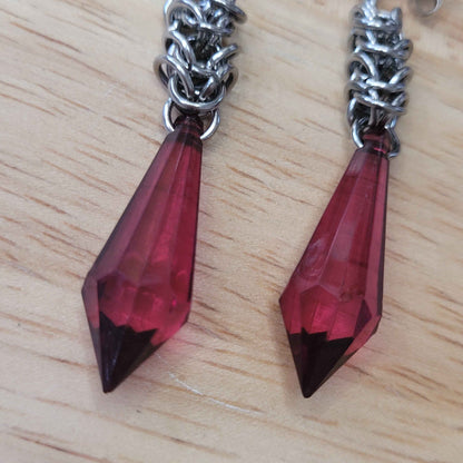 Fuscia crystal box chain stud chainmaille earrings
