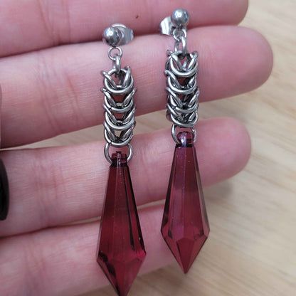 Fuscia crystal box chain stud chainmaille earrings