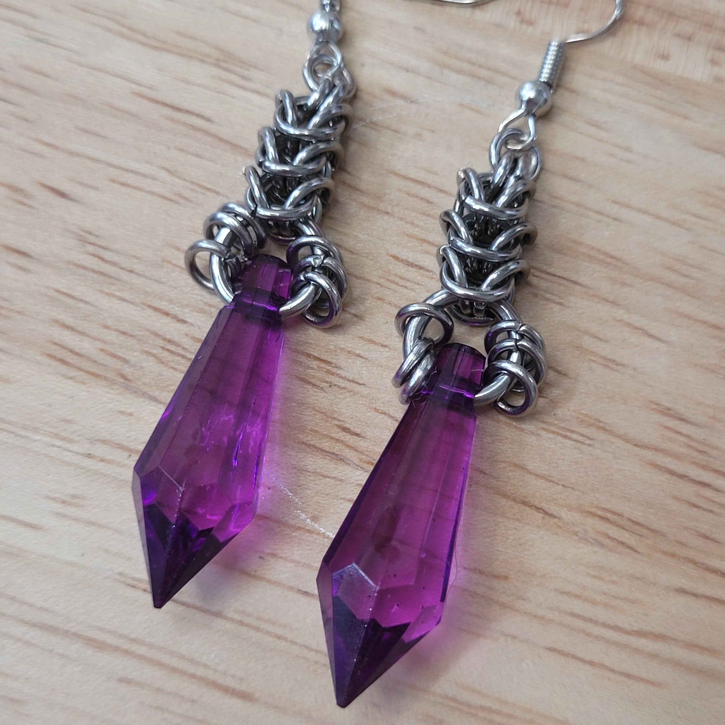 Purple crystal and box chain chainmaille earrings