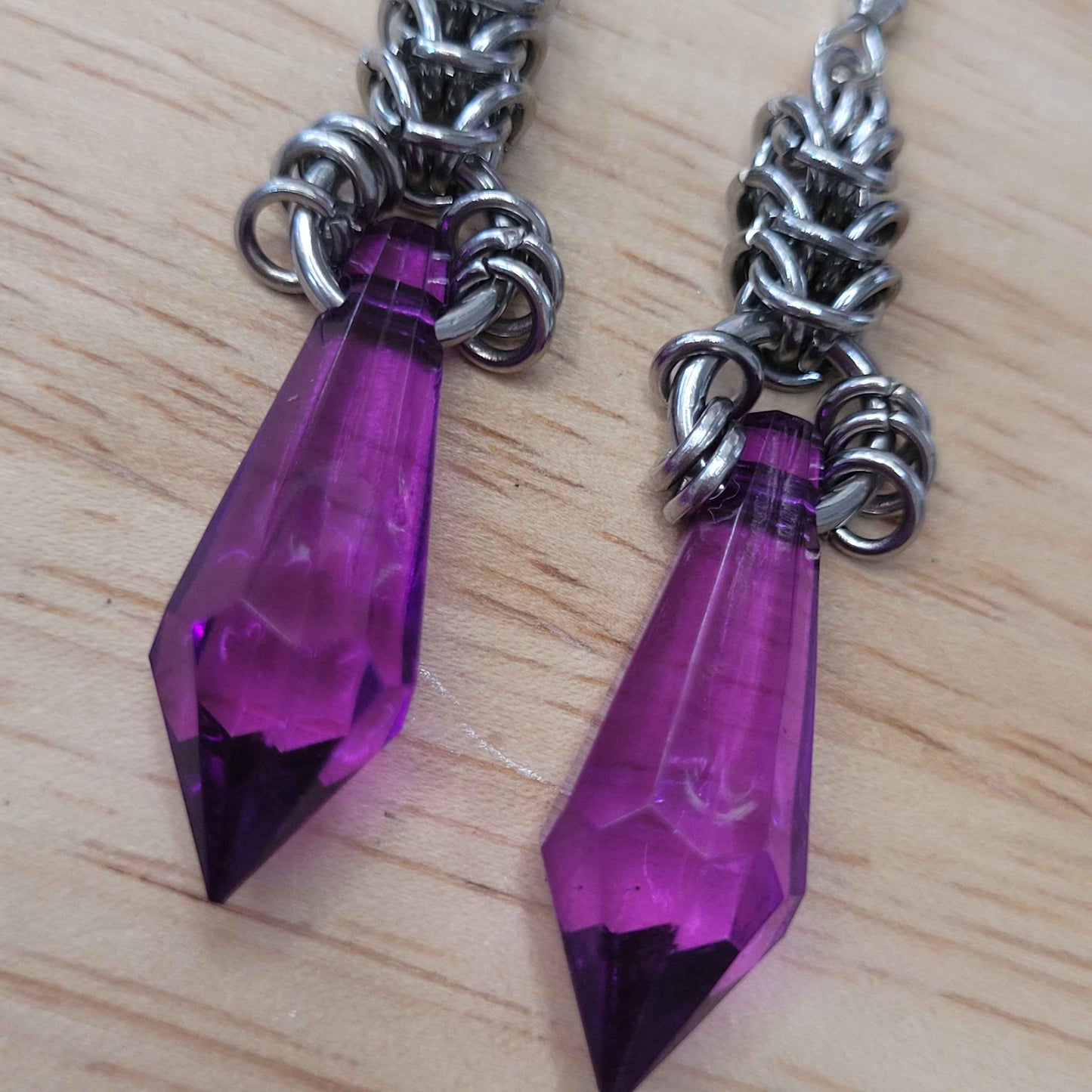 Purple crystal and box chain chainmaille earrings